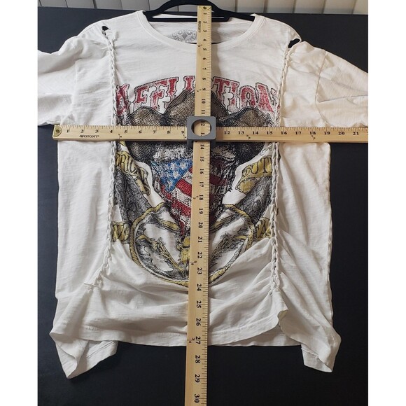 Affliction Shirt Womens XL White Rhinestone Skull Cowboy Graphic Braided Tee - Picture 6 of 8